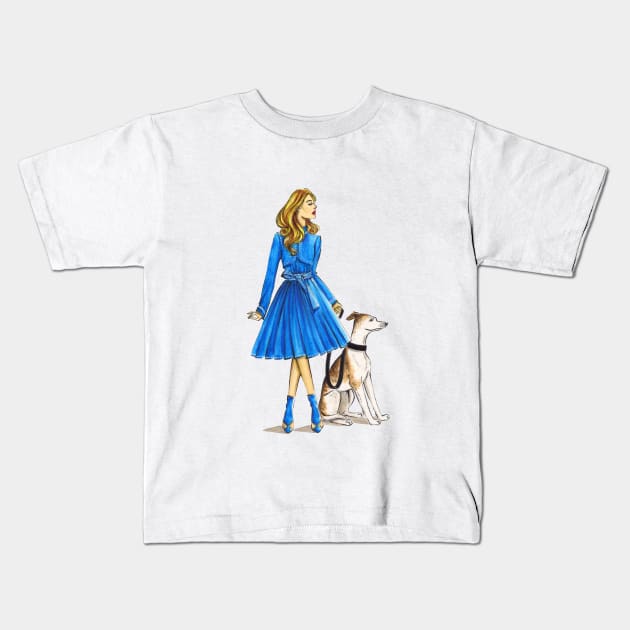 Lady in Blue and Her Dog Kids T-Shirt by Ji Illustrator